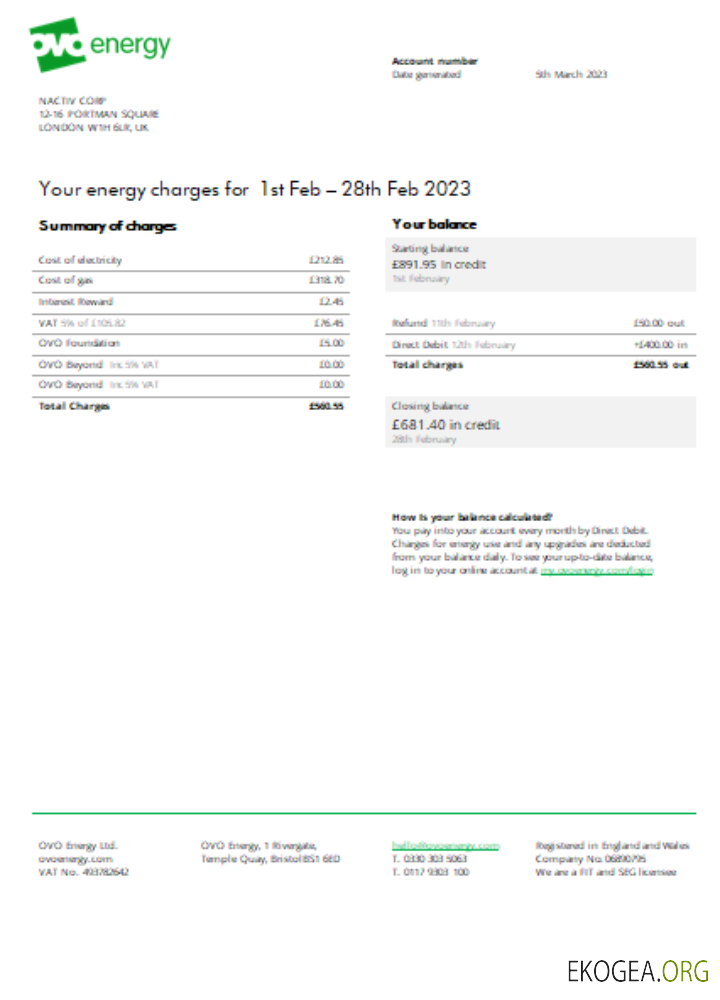 Facture commerciale d'électricité Ovo Energy, SCR
